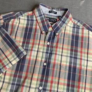 CHAPS Yellow & Blue Plaid Short Sleeve Shirt Men's Sz XL Button Up Poplin Cotton